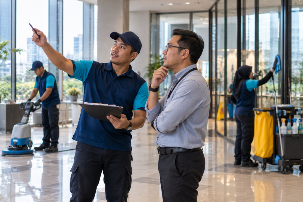 Cleaning managers discussing a service plan in a commercial building.