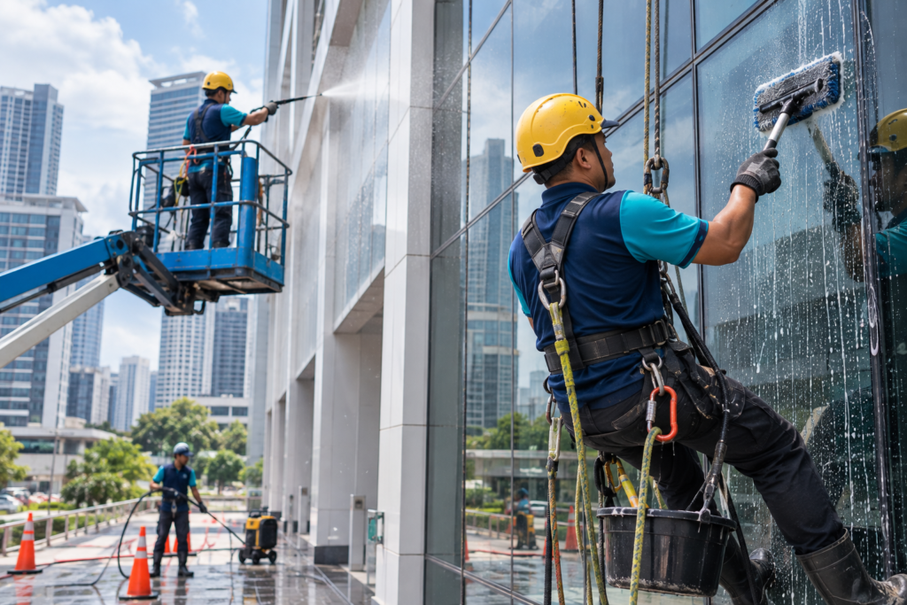 Workers cleaning the glass facade of a high-rise building.
