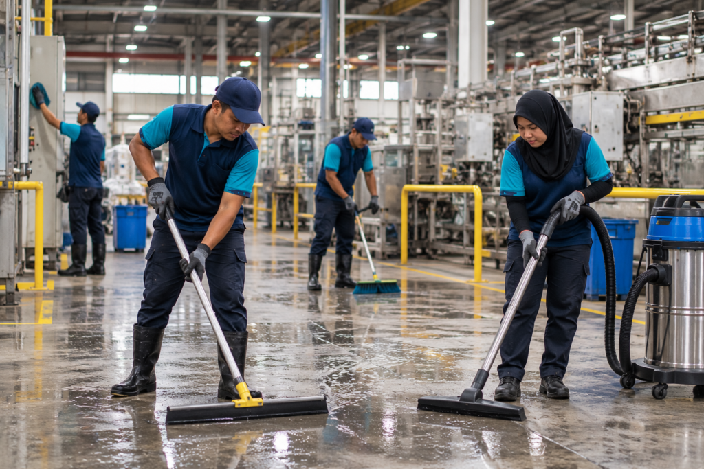 Housekeeping staff cleaning an industrial factory floor.