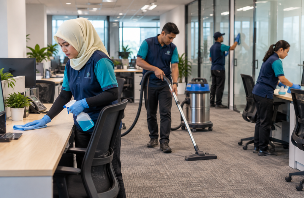 Office cleaners wiping desks as part of commercial cleaning services in Seremban.
