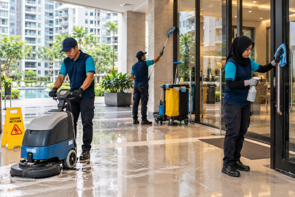 Housekeeping staff cleaning a condominium common area with a floor scrubber.