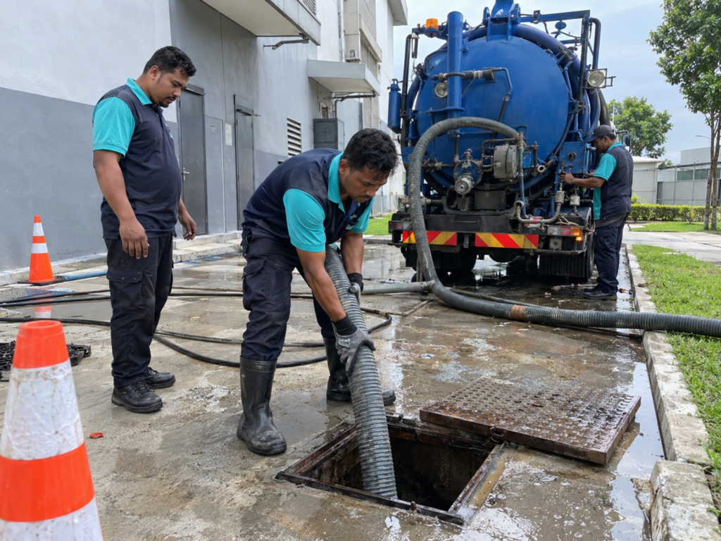 Technicians cleaning a septic tank at a commercial property.