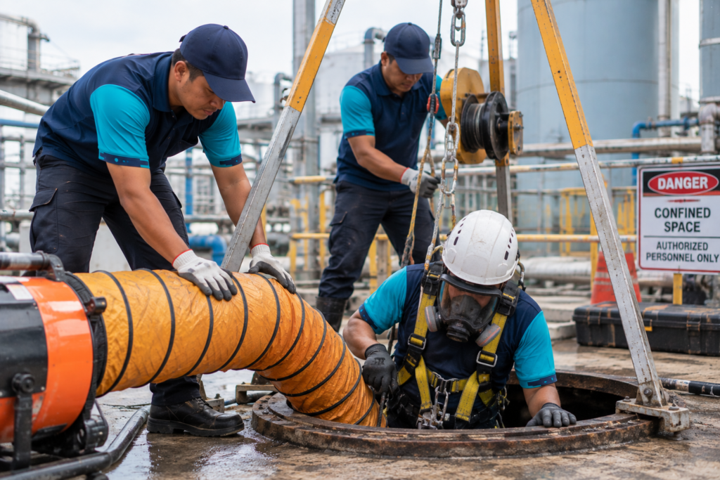 Workers handling ventilation equipment during confined-space cleaning.