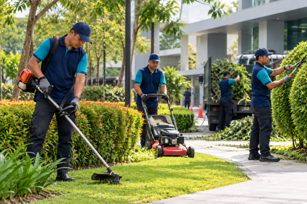 Groundskeepers mowing a lawn and trimming hedges.