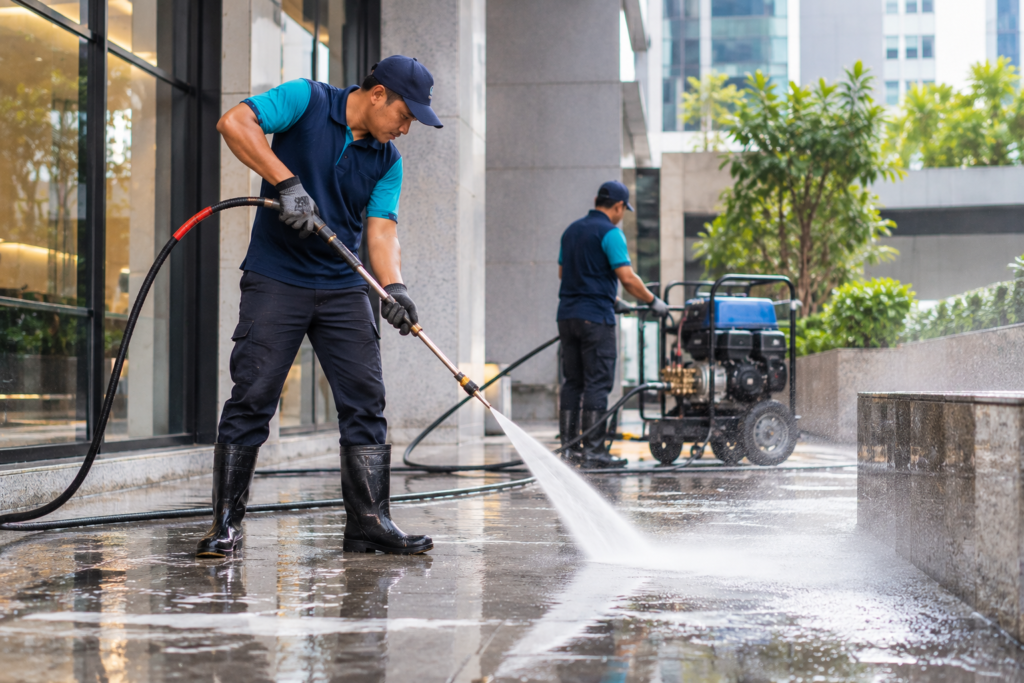 Worker using a high-pressure water jet to clean an outdoor surface.