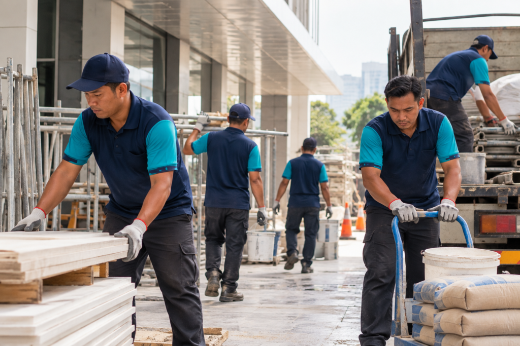 Workers in uniform providing labour support at a commercial site.