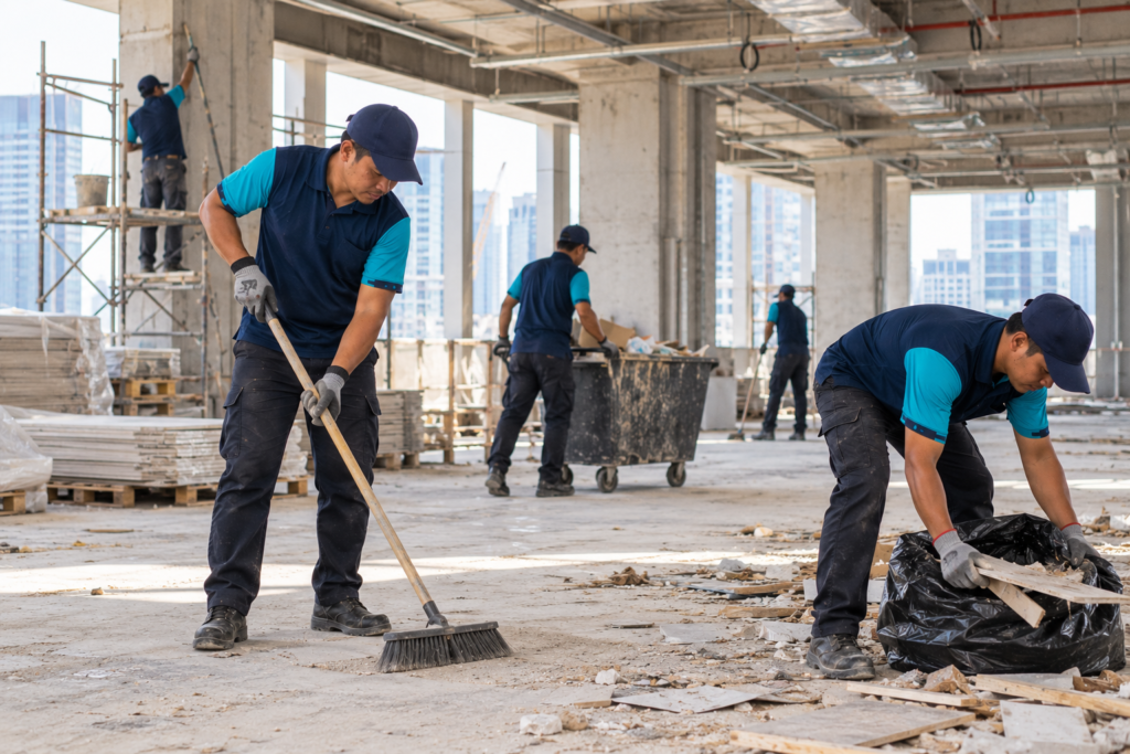 Workers clearing dust and debris from a construction site.