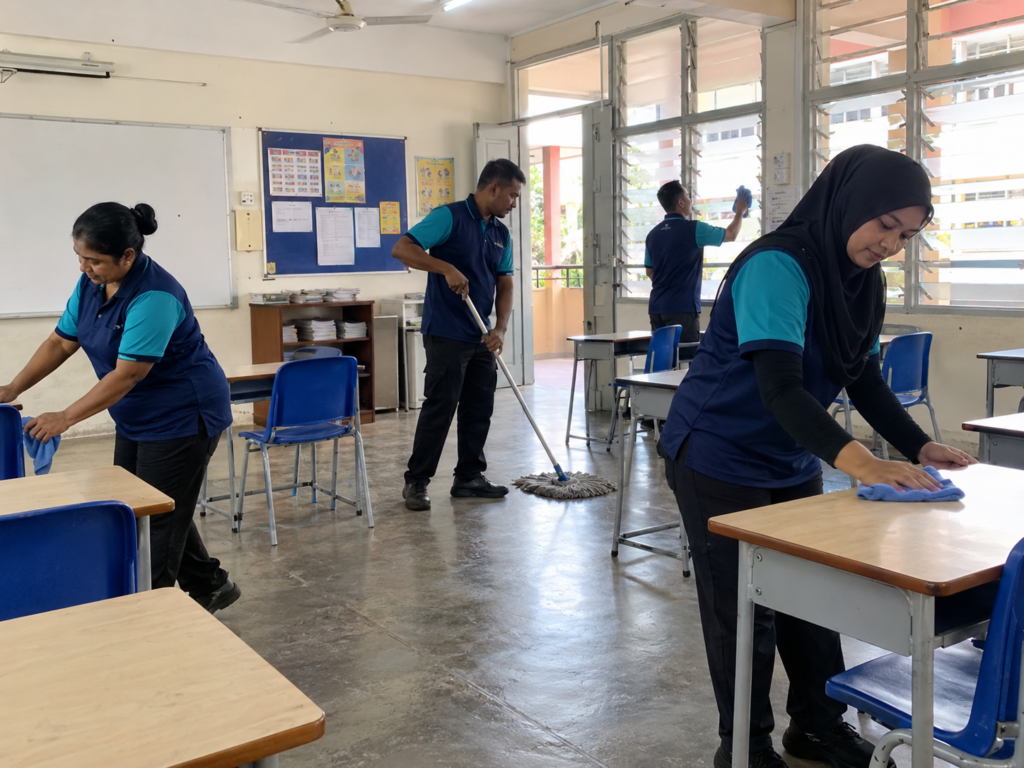 Housekeeping staff cleaning desks and floors in a classroom.
