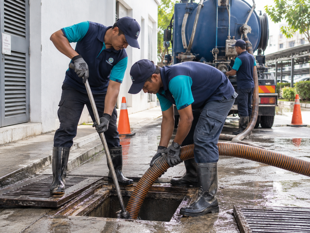 Technician cleaning a drainage channel beside a commercial building.