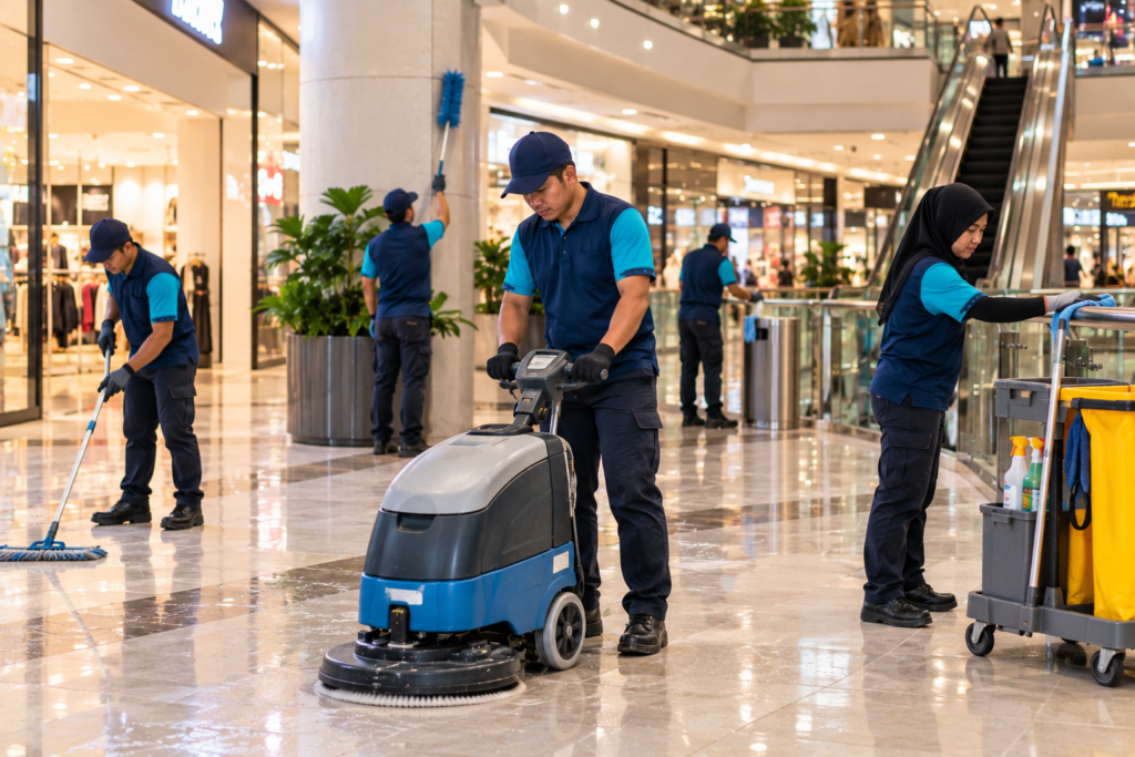 Housekeeping staff operating a floor scrubber in a shopping mall.