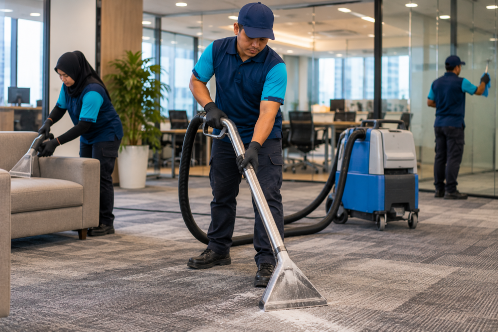 Cleaning staff deep-cleaning carpet in a commercial lounge.